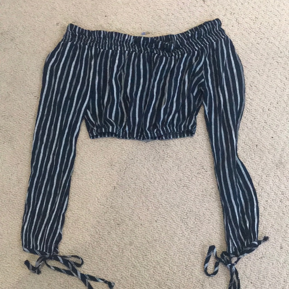 blue and white striped off the shoulder crop top